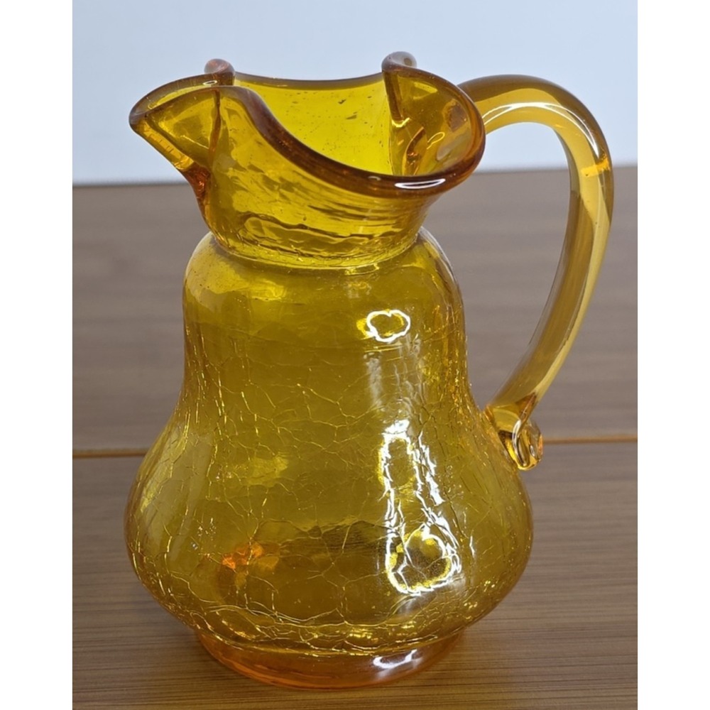 Kanawha Crackled Amber Glass Pitcher Hand Blown UV Reactive Double Spout Vtg MCM